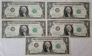 lot 48 image: LOT OF 5 1963A ONE DOLLAR BILLS AS SHOWN. (YOUR BID X 5)