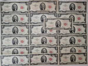 lot 49 image: LOT OF 19 TWO DOLLAR BILLS AS SHOWN. (YOUR BID X 19)