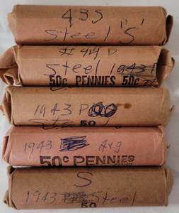 lot 50 image: LOT OF 5 ROLLS OF 1943-44 PENNIES AS SHOWN. (YOUR BID X 5)