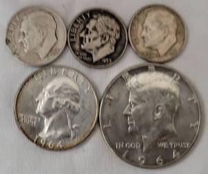 lot 51 image: LOT OF 5 PRE-1965 SILVER COINS AS SHOWN. (1) KENNEDY HALF DOLLAR, (1) WASHINGTON HEAD QUARTER, AND (3) DIMES. (YOUR BID X 5)