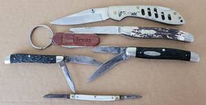 lot 67 image: LOT OF VINTAGE UTILITY POCKET KNIVES INCLUDING SCHRADE 197UH AND KABAR AS SHOWN.