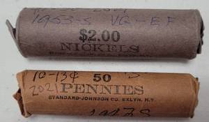 lot 107 image: (1) ROLL OF 1940S PENNIES AND (1) ROLL OF 1950S NICKELS AS SHOWN. (YOUR BID X 2)