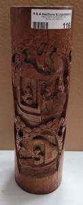 lot 116 image: VINTAGE TOTEM POLE STYLE CARVED WOOD CYLINDER AS SHOWN.