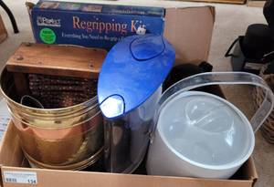 lot 134 image: MIXED LOT INCLUDING REGRIPPING KIT, PLASTIC PITCHER, BUNDT CAKE PAN, ICE BUCKET AND MORE AS SHOWN.