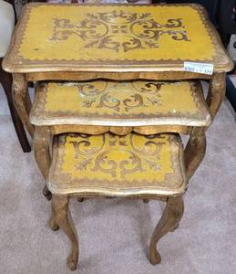 lot 171 image: LOT OF 3 ACCENT NESTING TABLES IN STYLE, COLOR, AND CONDITION SHOWN. (YOUR BID X 3). Largest approx. 21.5  x 22.5 x 14.