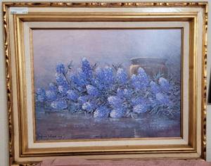 lot 173 image: VINTAGE 1965 FRAMED BREATH OF SPRING TEXAS BLUEBONNETS PRINT BY PORFIRIO SALINAS AS SHOWN. Approx. 31.5 w x 25.5 h with frame.