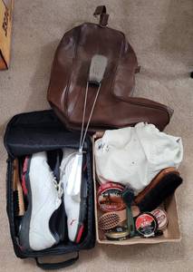 lot 195 image: BOOTS TRAVEL STORAGE BAG PLUS SHOE SHINING ITEMS AND MORE AS SHOWN.