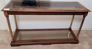 lot 219 image: ENTRY  HALLWAY TABLE WITH GLASS TOP INLAY AS SHOWN. Approx. 48 x 17 x 37.