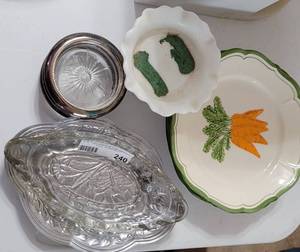 lot 240 image: MIXED LOT INCLUDING GLASS COASTERS WITH SILVERPLATE RIMS, MILK GLASS FOOTED DISH AND MORE AS SHOWN.