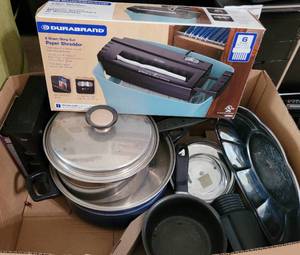 lot 241 image: DURABRAND PAPER SHREDDER IN BOX, POTS, AND MORE AS SHOWN.