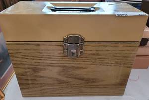 lot 251 image: VINTAGE METAL FILE BOX WITH KEY AS SHOWN.