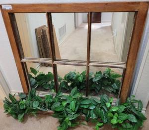 lot 267 image: VINTAGE WOODEN WINDOW WITH MIRROR AND FLORAL DECOR AS SHOWN.