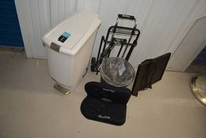 lot 66 image: Gelco Seat Cushion, Stevco Cart, Dell Monitor and Trashcans