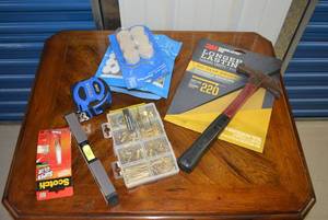 lot 68 image: Hammer, Tape Measure, Sanding Sheets, Chair Leg Felt Pads, Picture Hanger Assortment