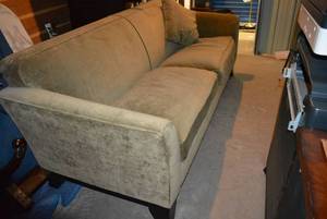 lot 20 image: Pottery Barn Sage Green Velvet Couch, Matches Lots 9 and 23