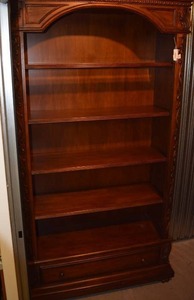lot 1 image: Hooker Furniture Mahogony Lighted Bookcase, Cherry Finish, Top Glass Shelf, Bottom Drawer
