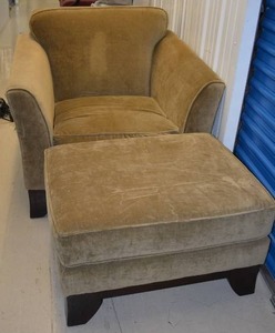 lot 23 image: Pottery Barn Sage Green Velvet Arm Chair and Ottoman, Matches Lots 9 and 20