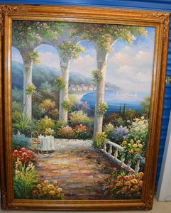 lot 26 image: Oil Painting of Garden Terrace by the Sea, 4 x 3 Approx.