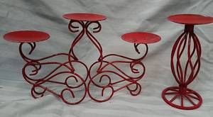lot 87 image: 2 Red Metal Pillar Candle Holders