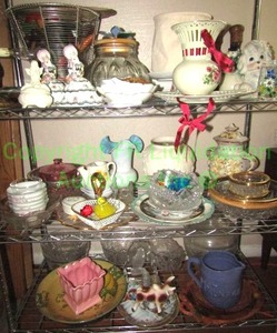 lot 26 image: Assorted ceramicglass ware and decor as shown, 3 shelves full, generous quantity
