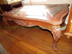 lot 47 image: Ornate Sapele wood with inlaid marble top large coffee table
