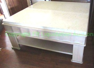 lot 206 image: Large marble top (1.25 thick) white washed oak wood base coffee table, 42 x 42 x 18