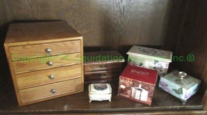 lot 212 image: Solid oak wood jewelry box and other jewelry boxes as shown