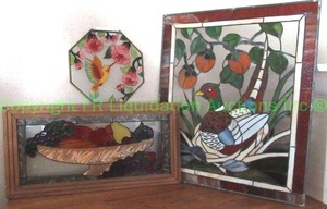 lot 233 image: Stained glass pheasant, fruit bowl and huming bird