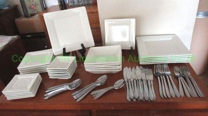 lot 247 image: Strawberry street ceramic serving set dishes plus utensils