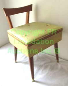 lot 250 image: Mid century solid maple wood cushioned sewing seat with under seat storage