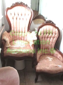 lot 264 image: Antique Victorian era button tufted husband & wife entertaining chairs, Bid is times the quantity (upholstery is torn)