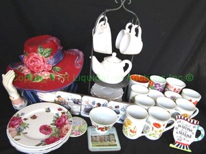 lot 161 image: Ceramic tea serving ware including a Susan Wingets red hat society cookie jar and more as shown