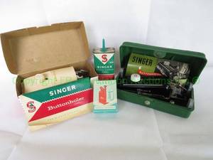 lot 290 image: Vintage mid century Singer buttonholers and Singer oil can plus vintage Hexe needle threader