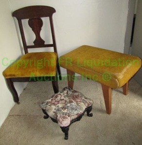 lot 19 image: Mid century chair, ottoman and foot stool