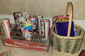 lot 11 image: Vintage Coca-Cola wooden crate with assorted magazines plus basket as shown.