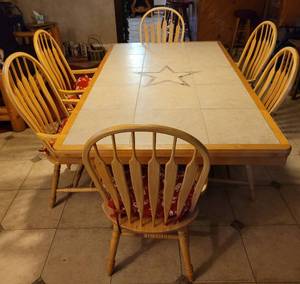 lot 20 image: Large size custom-made rectangular dining table with tile inlay top plus 6 spindle back style chairs as shown. (Your Bid x 7)