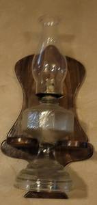 lot 27 image: Vintage Oil Lamp With Wood Wall Mount as shown.