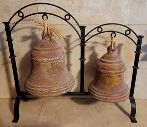 lot 47 image: Decorative bells with metal frame  stand as shown.