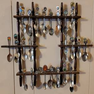 lot 49 image: Vintage miniature spoon collection with wooden display rack as shown. Over 40 spoons