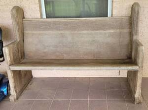 lot 64 image: Vintage wooden church pew in style, color, and condition shown.
