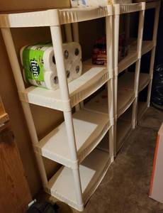 lot 89 image: Lot of 3 plastic shelves as shown. Contents not included (Your bid x 3)