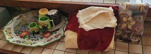 lot 110 image: Platter, kitchen towels and more as shown.