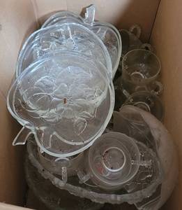 lot 130 image: Vintage glass plates, cups and more as shown.
