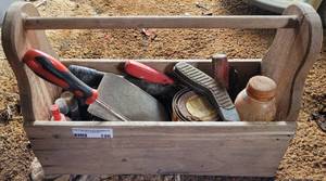 lot 196 image: Vintage Wooden Toolbox With Contents as shown.