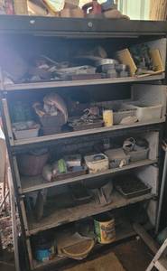lot 205 image: Metal shelf with contents as shown. See pictures