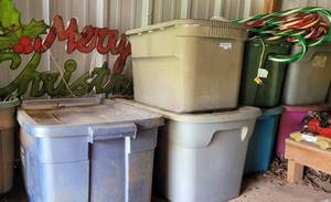 lot 269 image: Lot of 7 storage bins with Christmas decor and more as shown.