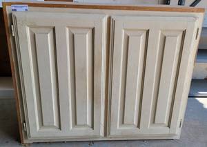 lot 19 image: WOODEN CABINET AS SHOWN. MEASURES APPROX. 35 W x 13 D x 28 H.