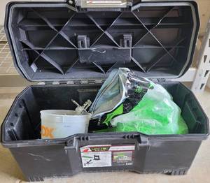 lot 38 image: LEVTEC TOOL BOX WITH TILE LEVELING PLIERS, LEVELING WEDGES AND MORE AS SHOWN.