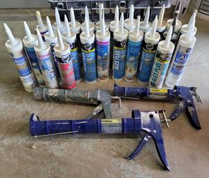 lot 52 image: LOT OF CAULKING GUNS PLUS ASSORTED SILICON AND SEALANT TUBES AS SHOWN.