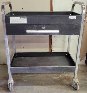 lot 123 image: UTILITY CART WITH DRAWER AS SHOWN. CONTENTS INCLUDED. APPROX. 30 W x 16 D x 37 H.